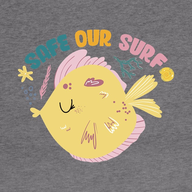 Safe our Surf quote with cute sea animal fish, starfish, coral and shell by jodotodesign